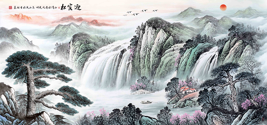 迎客松松鶴延年山水畫(huà)